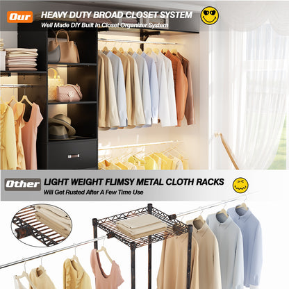 120 Inches Closet System, 10FT Walk In Closet Organizer with 3 Shelving Towers, Heavy Duty Clothes Rack with 3 Drawers