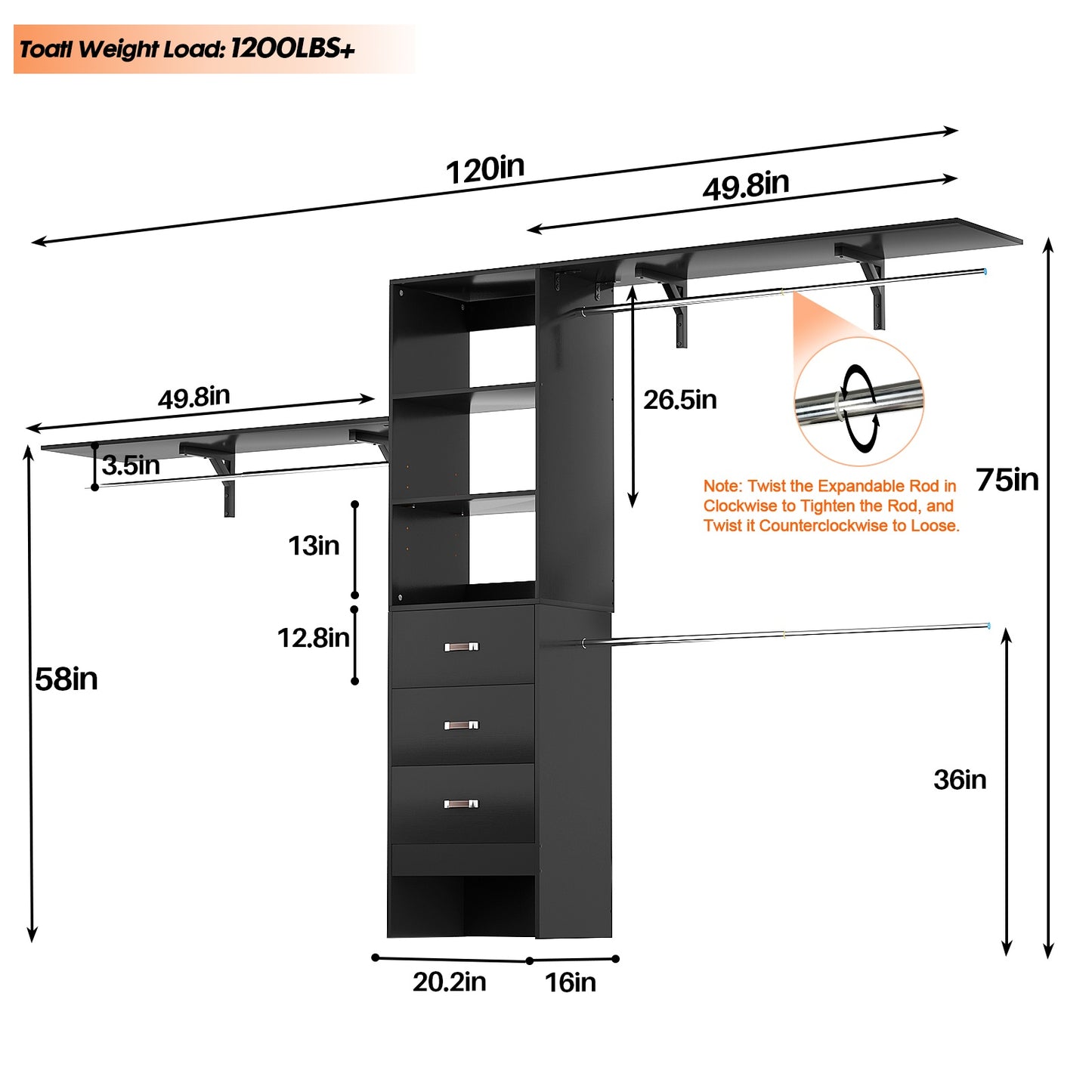 120 Inches Closet System, 10FT Walk In Closet Organizer with 3 Shelving Towers, Heavy Duty Clothes Rack with 3 Drawers