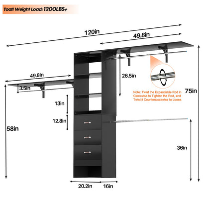 120 Inches Closet System, 10FT Walk In Closet Organizer with 3 Shelving Towers, Heavy Duty Clothes Rack with 3 Drawers
