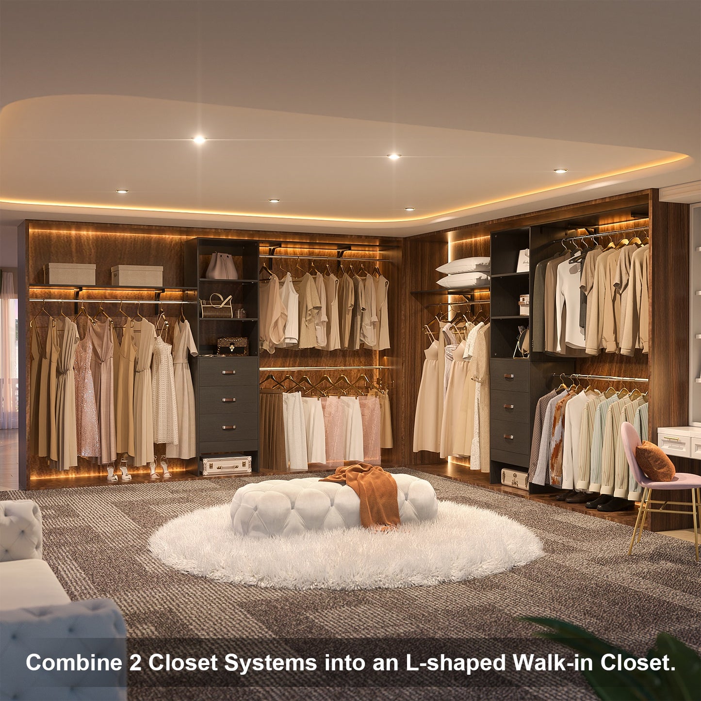 120 Inches Closet System, 10FT Walk In Closet Organizer with 3 Shelving Towers, Heavy Duty Clothes Rack with 3 Drawers