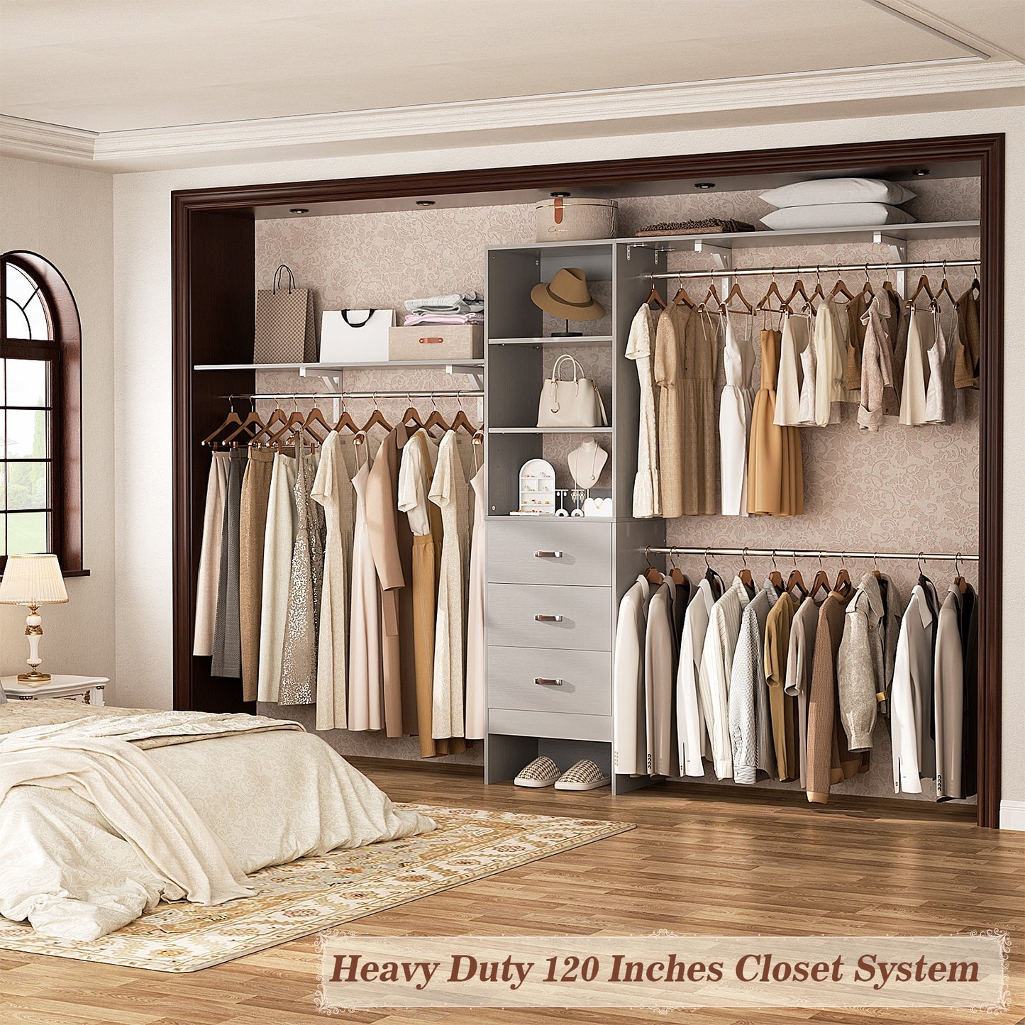 120 Inches Closet System, 10FT Walk In Closet Organizer with 3 Shelving Towers, Heavy Duty Clothes Rack with 3 Drawers