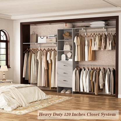 120 Inches Closet System, 10FT Walk In Closet Organizer with 3 Shelving Towers, Heavy Duty Clothes Rack with 3 Drawers