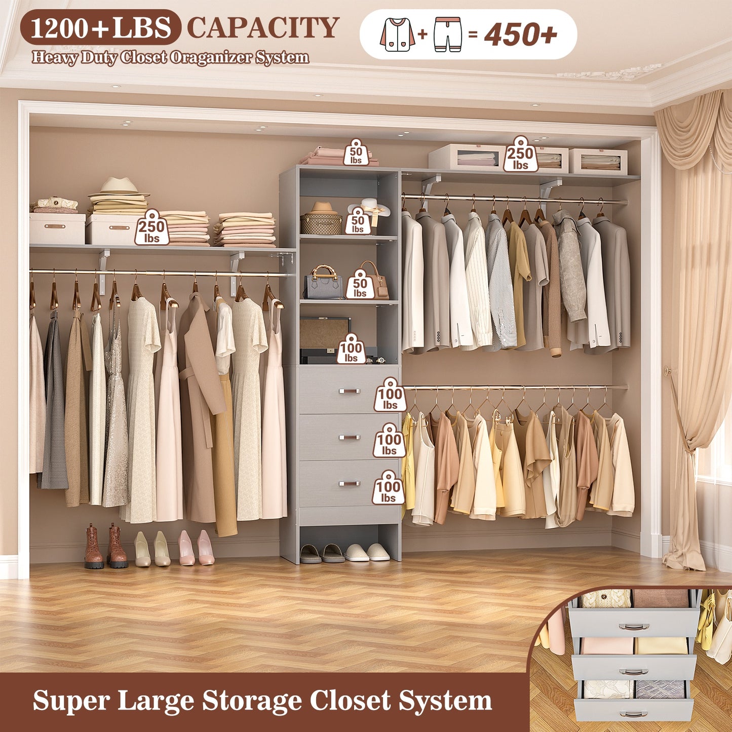120 Inches Closet System, 10FT Walk In Closet Organizer with 3 Shelving Towers, Heavy Duty Clothes Rack with 3 Drawers