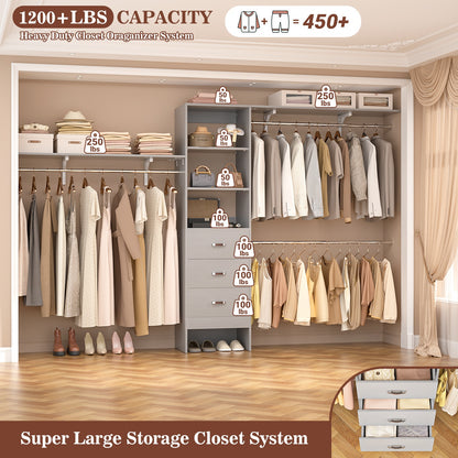 120 Inches Closet System, 10FT Walk In Closet Organizer with 3 Shelving Towers, Heavy Duty Clothes Rack with 3 Drawers