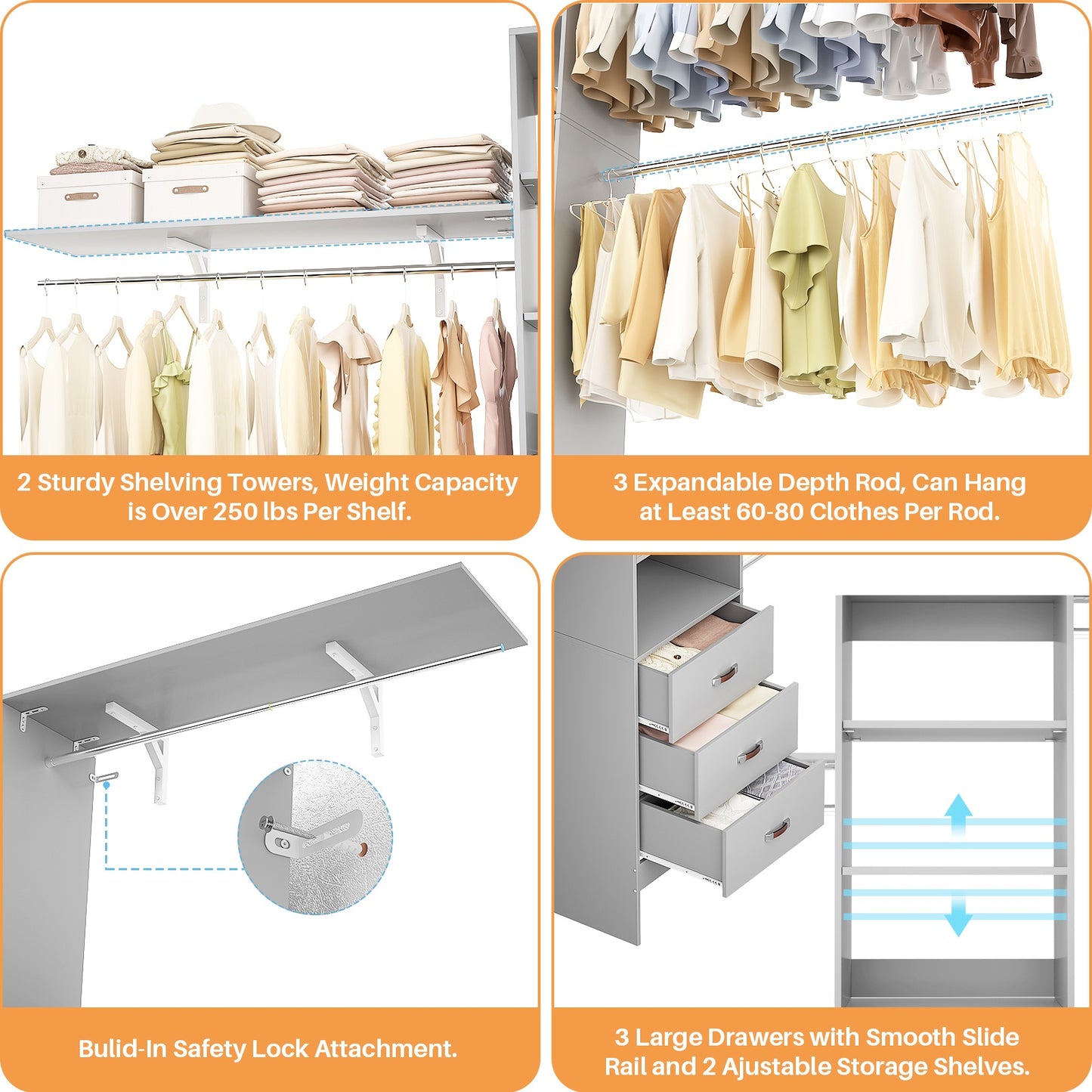 120 Inches Closet System, 10FT Walk In Closet Organizer with 3 Shelving Towers, Heavy Duty Clothes Rack with 3 Drawers