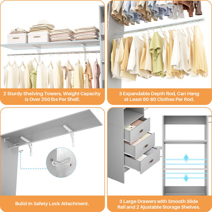 120 Inches Closet System, 10FT Walk In Closet Organizer with 3 Shelving Towers, Heavy Duty Clothes Rack with 3 Drawers