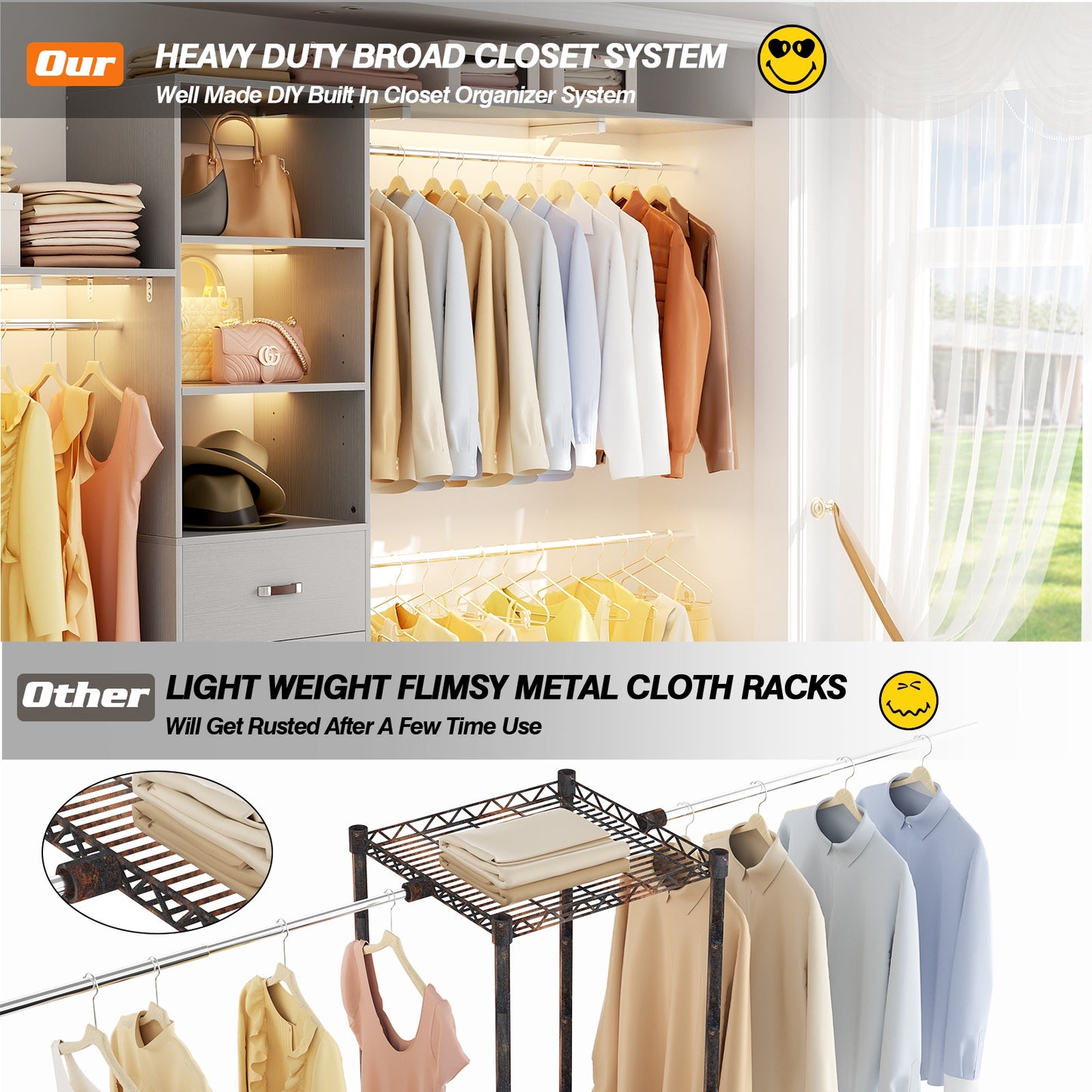 120 Inches Closet System, 10FT Walk In Closet Organizer with 3 Shelving Towers, Heavy Duty Clothes Rack with 3 Drawers