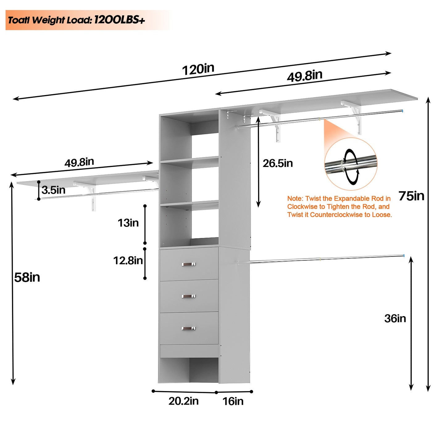 120 Inches Closet System, 10FT Walk In Closet Organizer with 3 Shelving Towers, Heavy Duty Clothes Rack with 3 Drawers