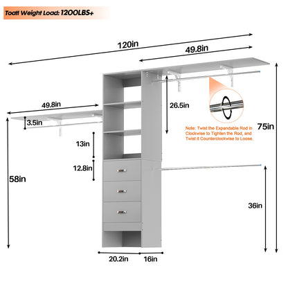 120 Inches Closet System, 10FT Walk In Closet Organizer with 3 Shelving Towers, Heavy Duty Clothes Rack with 3 Drawers