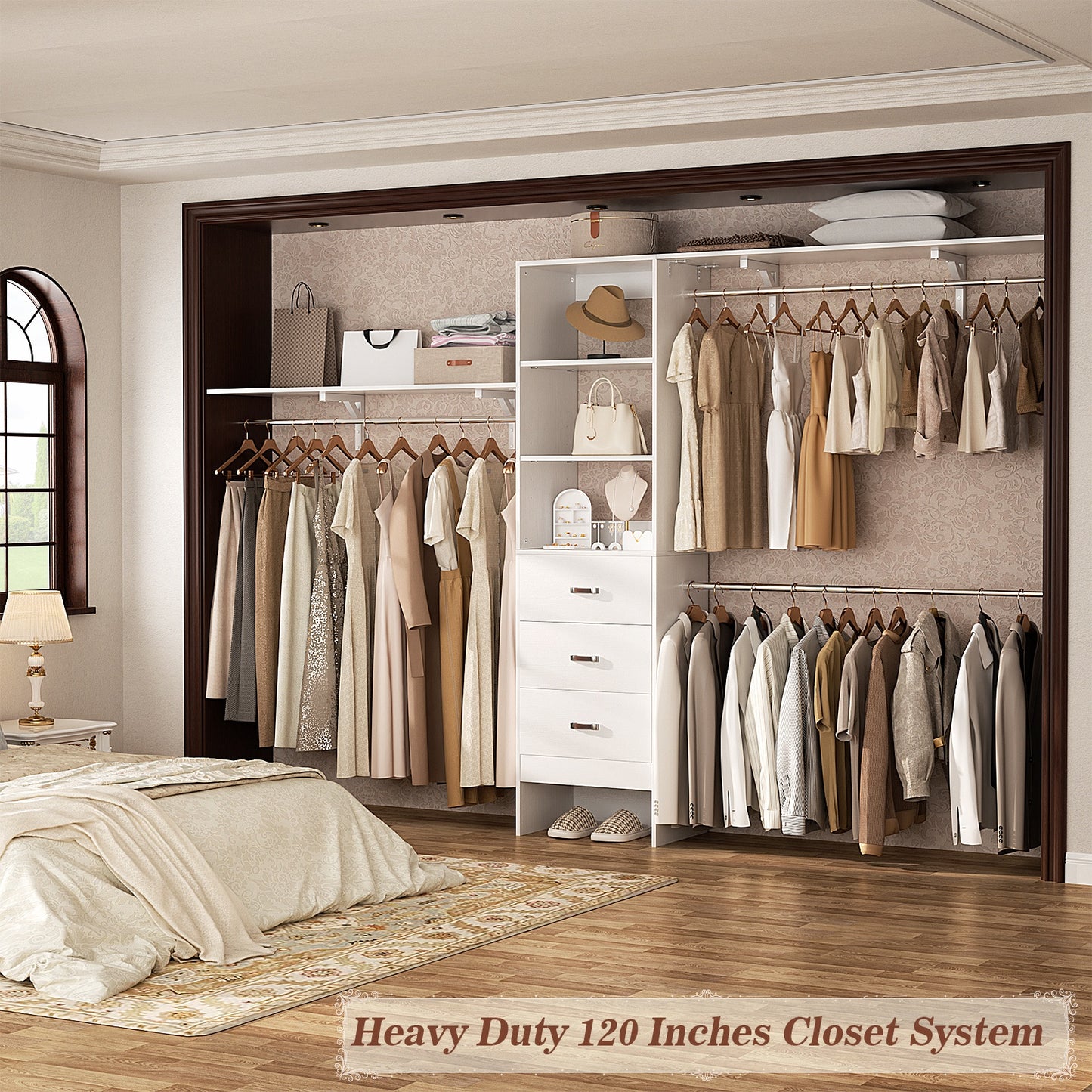 120 Inches Closet System, 10FT Walk In Closet Organizer with 3 Shelving Towers, Heavy Duty Clothes Rack with 3 Drawers