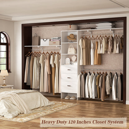 120 Inches Closet System, 10FT Walk In Closet Organizer with 3 Shelving Towers, Heavy Duty Clothes Rack with 3 Drawers
