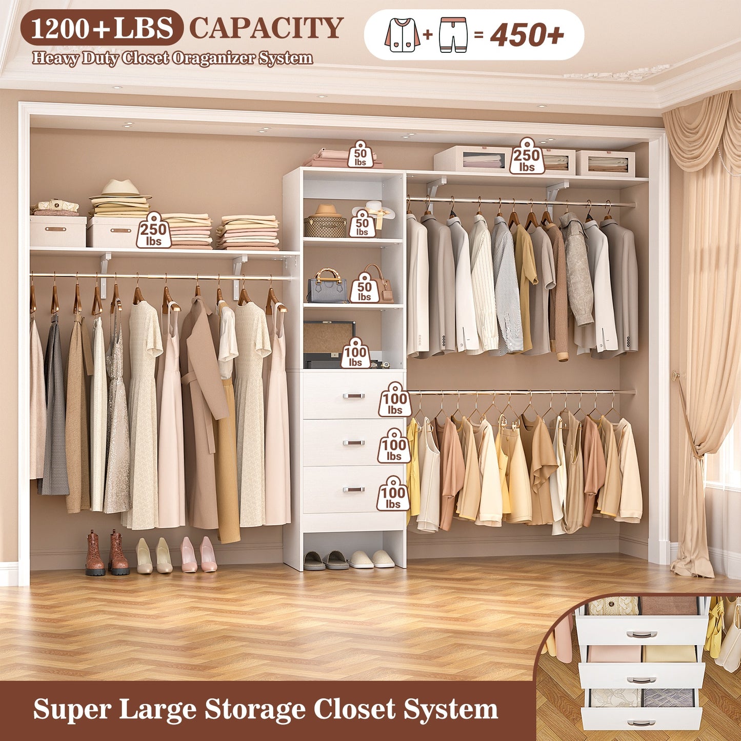 120 Inches Closet System, 10FT Walk In Closet Organizer with 3 Shelving Towers, Heavy Duty Clothes Rack with 3 Drawers