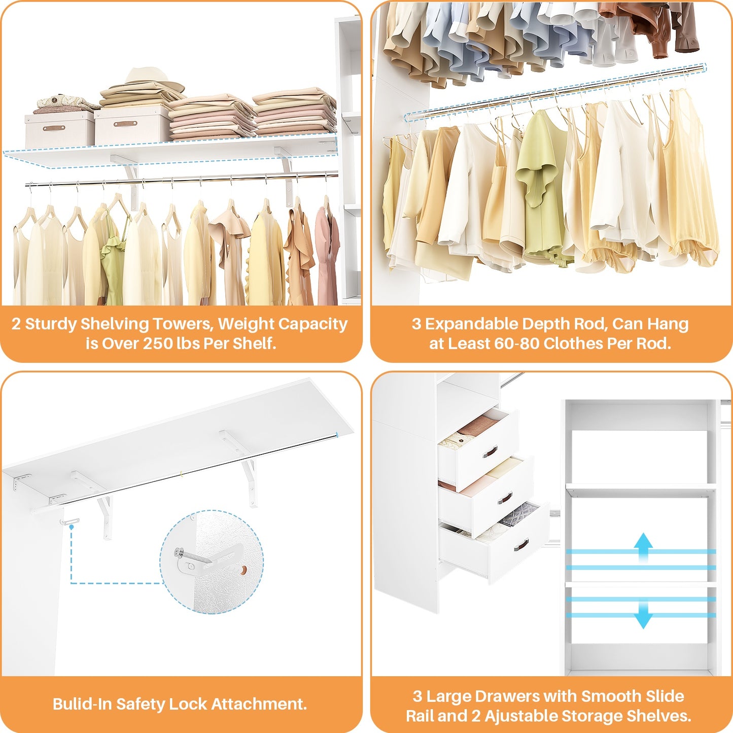 120 Inches Closet System, 10FT Walk In Closet Organizer with 3 Shelving Towers, Heavy Duty Clothes Rack with 3 Drawers