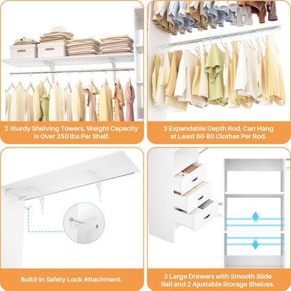 120 Inches Closet System, 10FT Walk In Closet Organizer with 3 Shelving Towers, Heavy Duty Clothes Rack with 3 Drawers