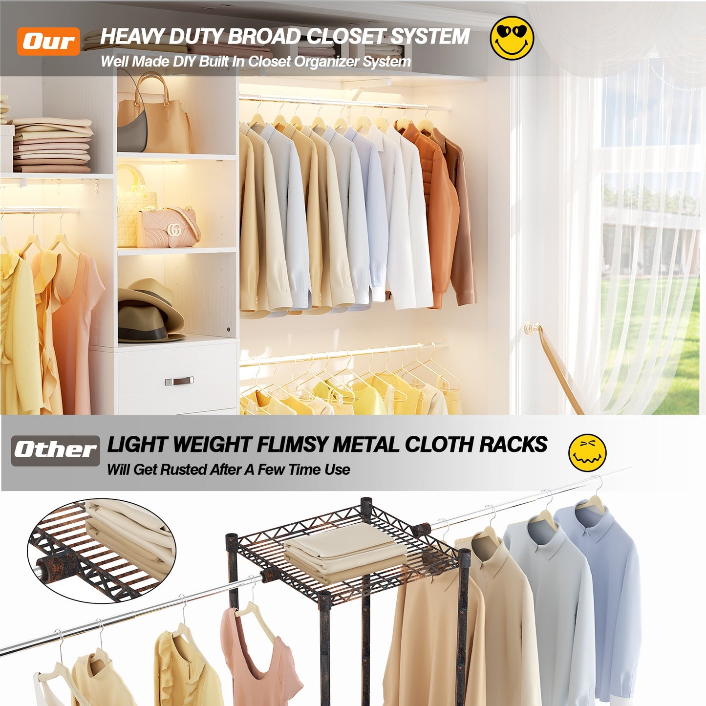 120 Inches Closet System, 10FT Walk In Closet Organizer with 3 Shelving Towers, Heavy Duty Clothes Rack with 3 Drawers
