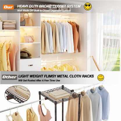 120 Inches Closet System, 10FT Walk In Closet Organizer with 3 Shelving Towers, Heavy Duty Clothes Rack with 3 Drawers