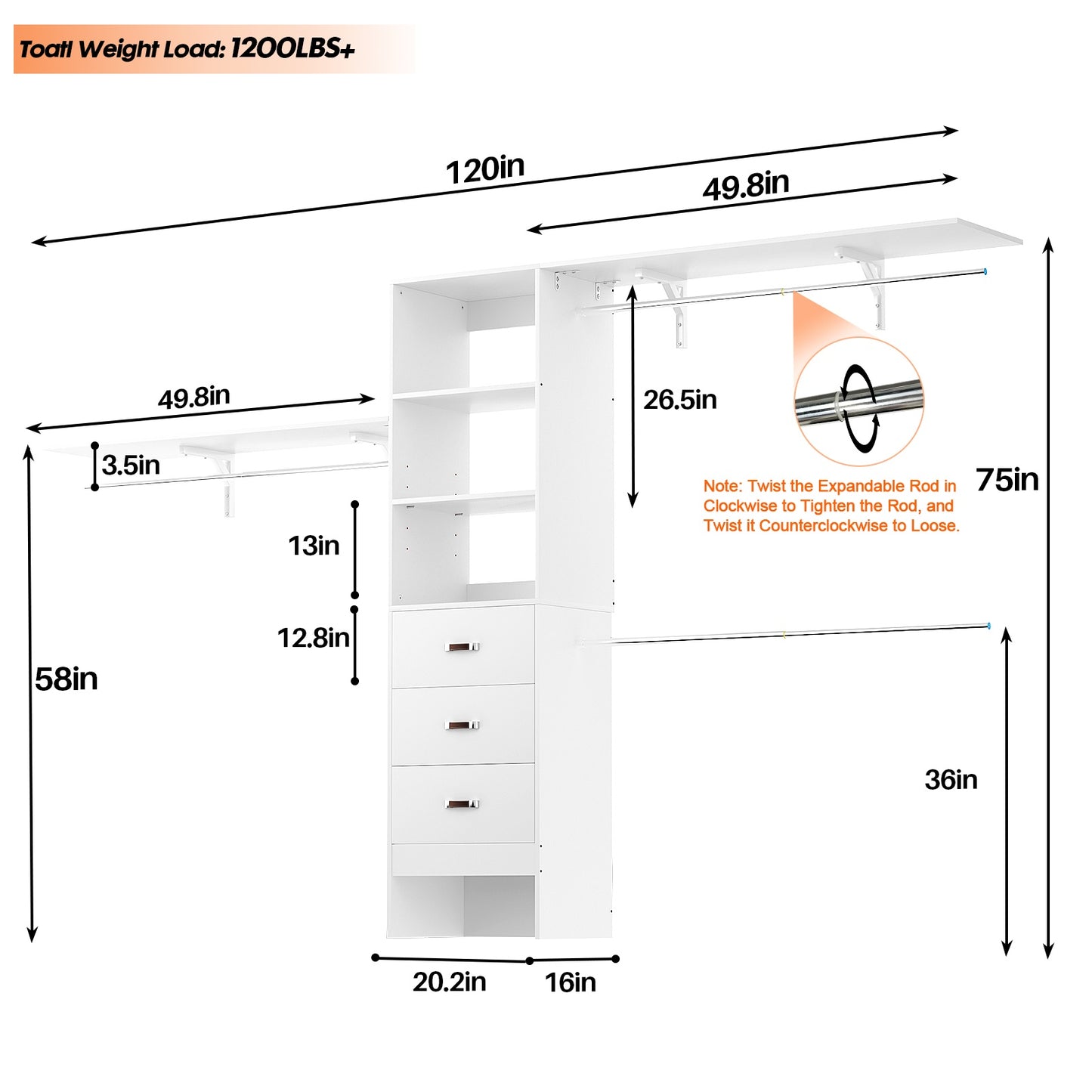 120 Inches Closet System, 10FT Walk In Closet Organizer with 3 Shelving Towers, Heavy Duty Clothes Rack with 3 Drawers