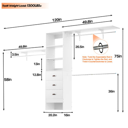 120 Inches Closet System, 10FT Walk In Closet Organizer with 3 Shelving Towers, Heavy Duty Clothes Rack with 3 Drawers