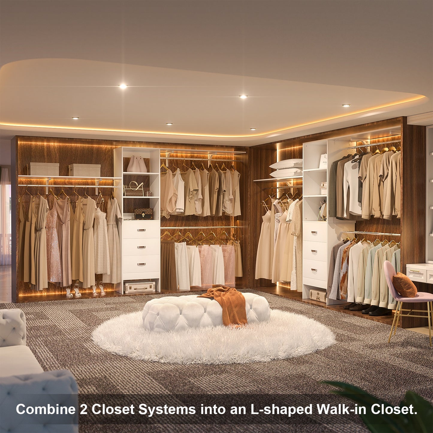 120 Inches Closet System, 10FT Walk In Closet Organizer with 3 Shelving Towers, Heavy Duty Clothes Rack with 3 Drawers