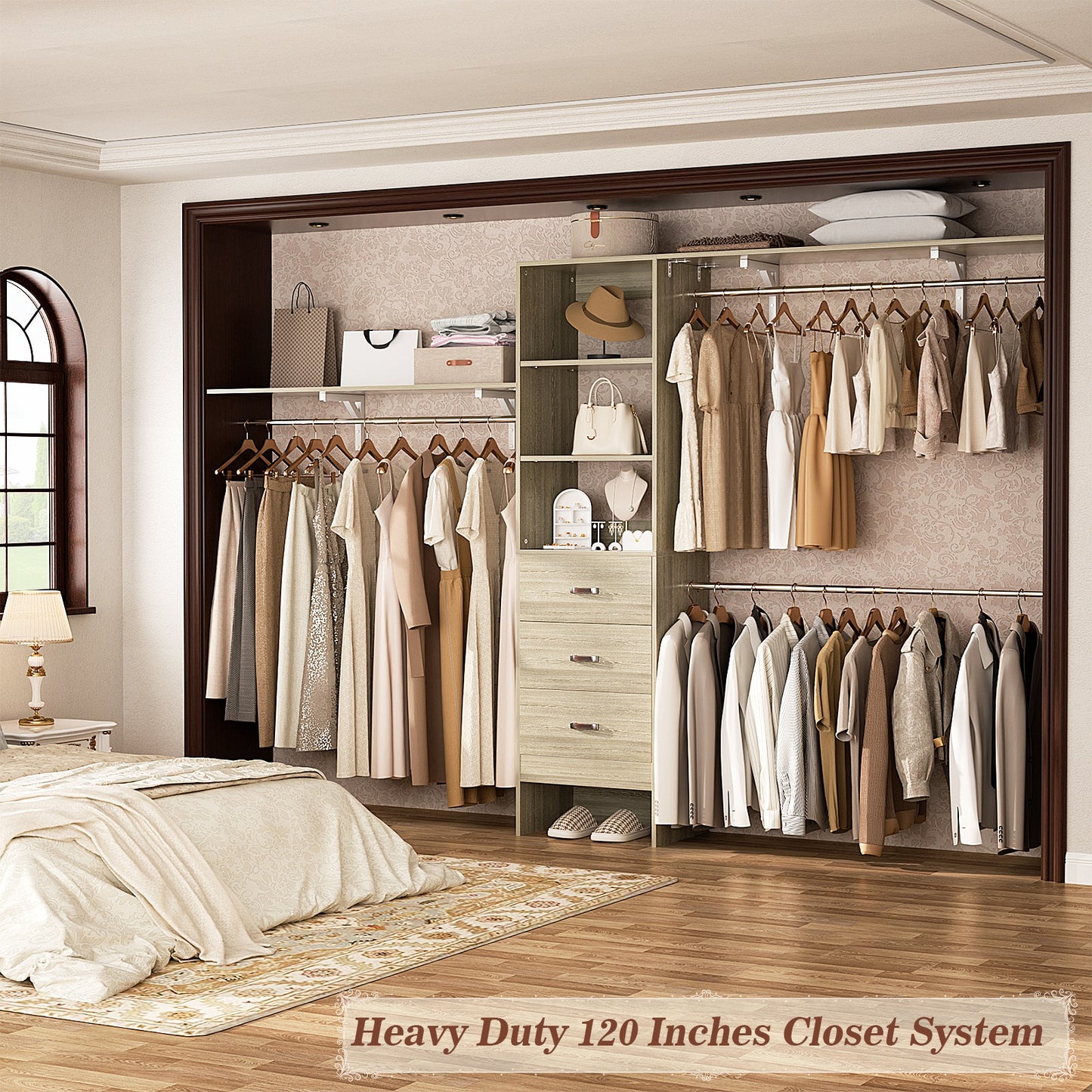 120 Inches Closet System, 10FT Walk In Closet Organizer with 3 Shelving Towers, Heavy Duty Clothes Rack with 3 Drawers