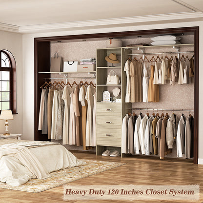 120 Inches Closet System, 10FT Walk In Closet Organizer with 3 Shelving Towers, Heavy Duty Clothes Rack with 3 Drawers