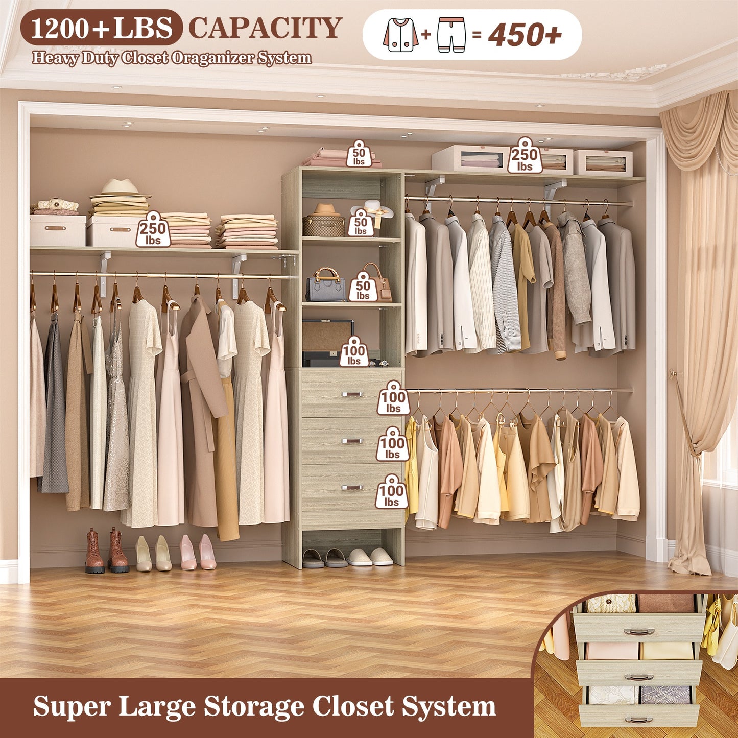 120 Inches Closet System, 10FT Walk In Closet Organizer with 3 Shelving Towers, Heavy Duty Clothes Rack with 3 Drawers