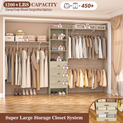 120 Inches Closet System, 10FT Walk In Closet Organizer with 3 Shelving Towers, Heavy Duty Clothes Rack with 3 Drawers