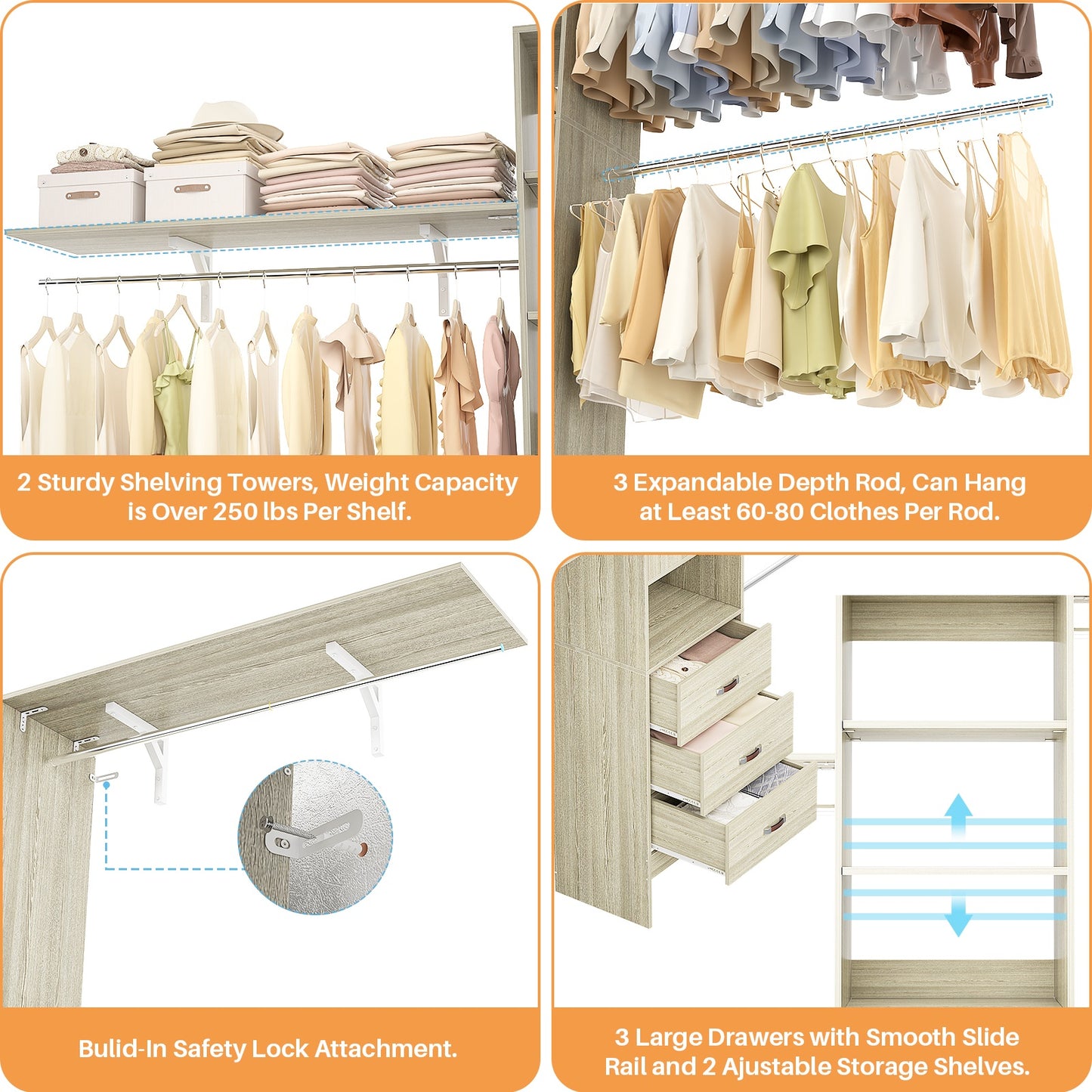 120 Inches Closet System, 10FT Walk In Closet Organizer with 3 Shelving Towers, Heavy Duty Clothes Rack with 3 Drawers