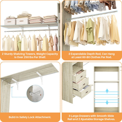 120 Inches Closet System, 10FT Walk In Closet Organizer with 3 Shelving Towers, Heavy Duty Clothes Rack with 3 Drawers