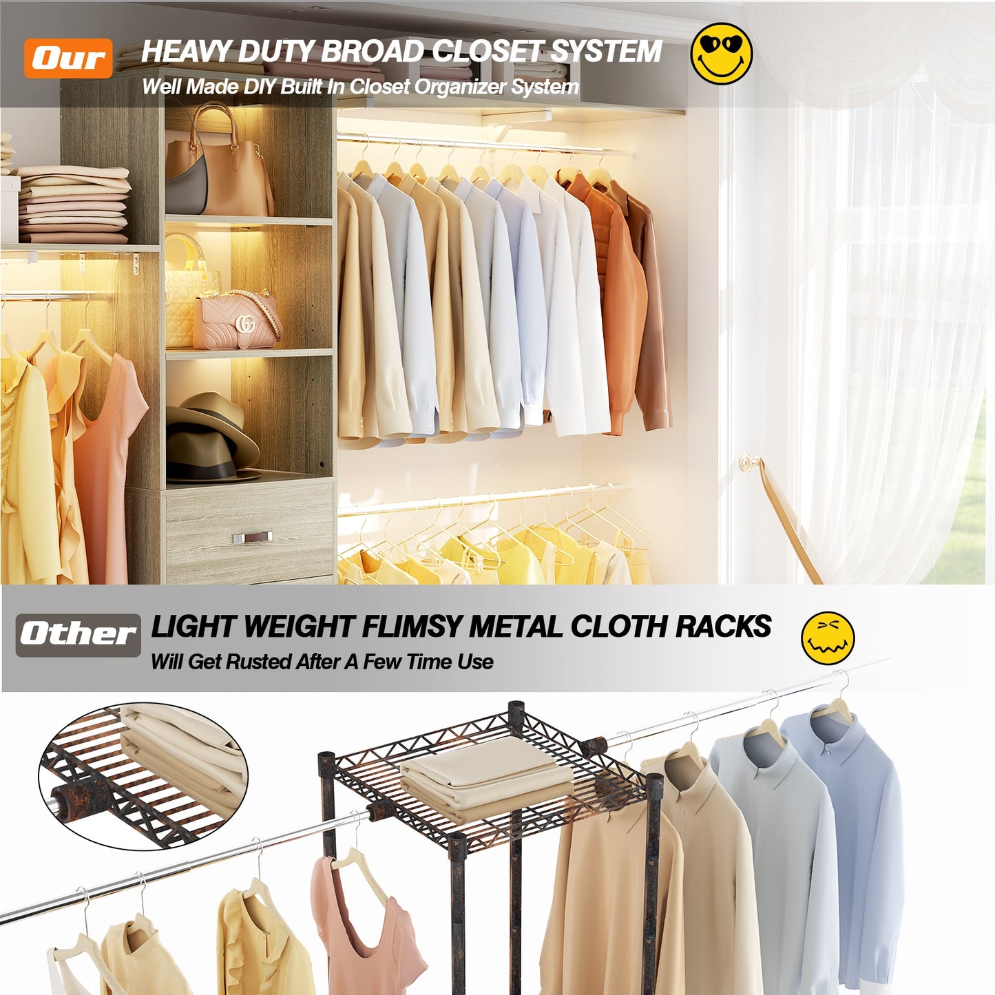 120 Inches Closet System, 10FT Walk In Closet Organizer with 3 Shelving Towers, Heavy Duty Clothes Rack with 3 Drawers