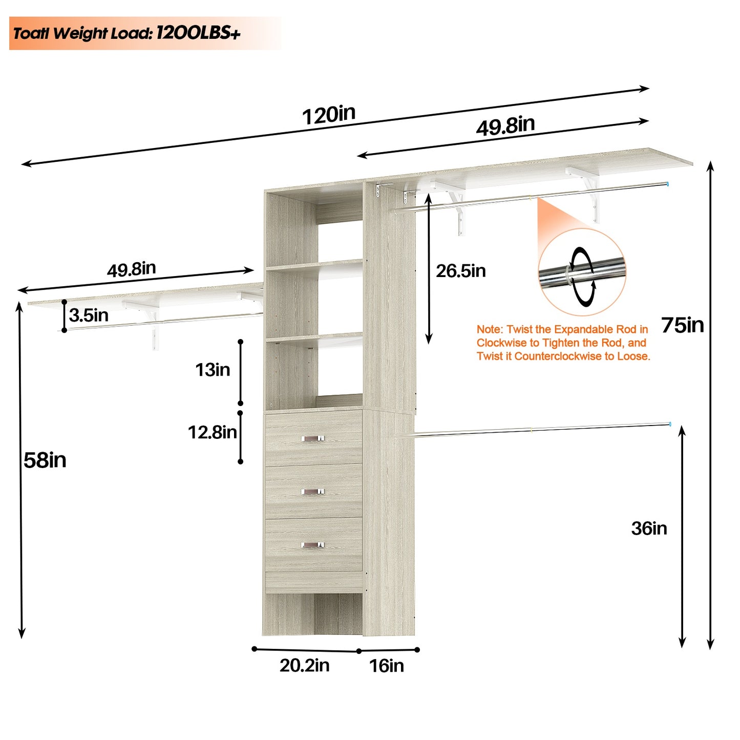 120 Inches Closet System, 10FT Walk In Closet Organizer with 3 Shelving Towers, Heavy Duty Clothes Rack with 3 Drawers