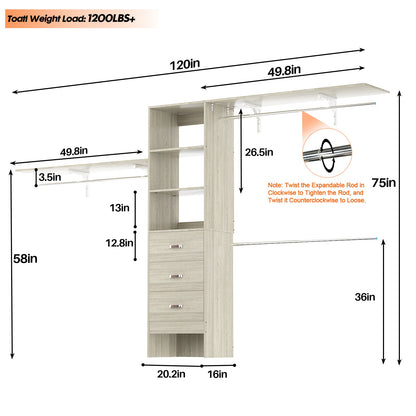 120 Inches Closet System, 10FT Walk In Closet Organizer with 3 Shelving Towers, Heavy Duty Clothes Rack with 3 Drawers