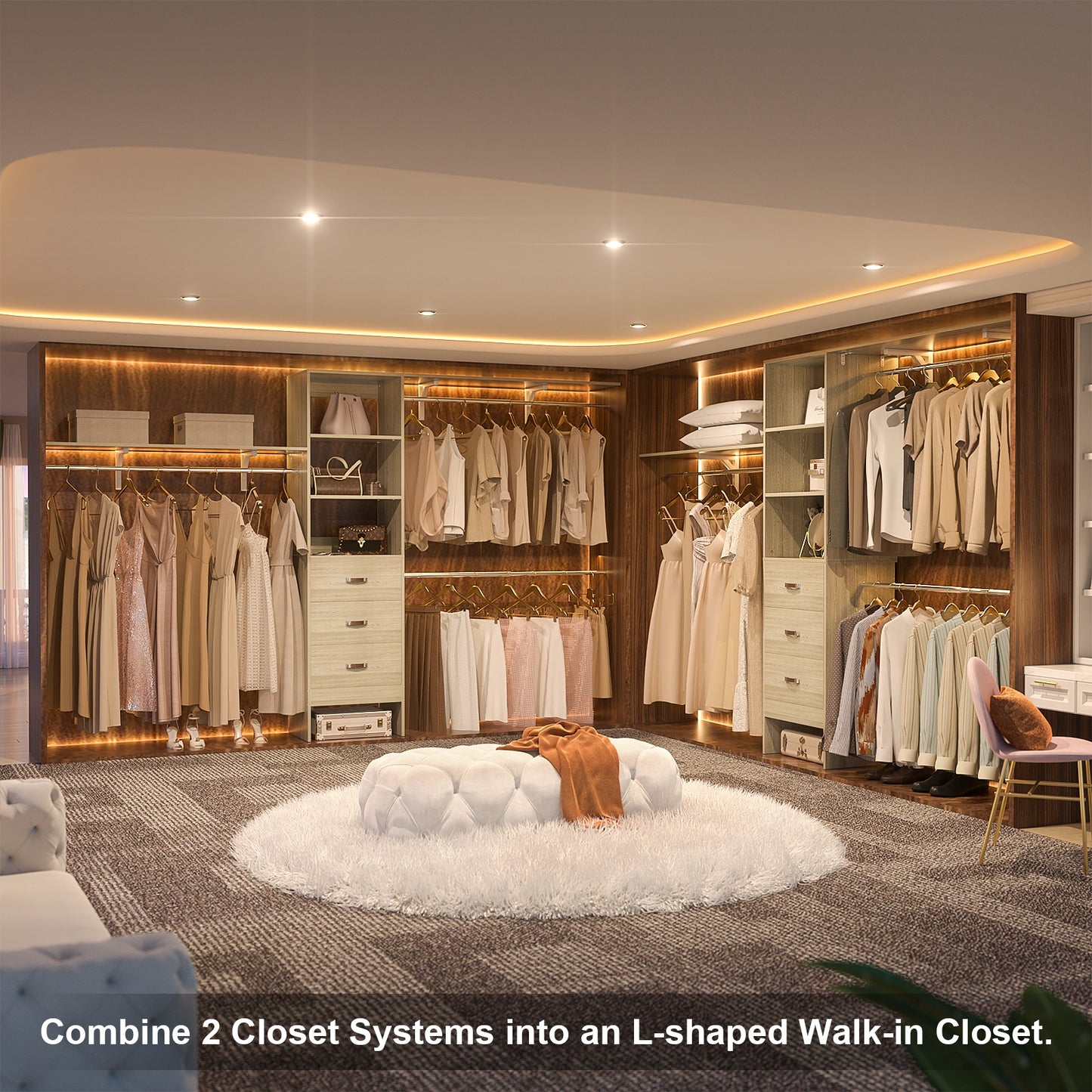 120 Inches Closet System, 10FT Walk In Closet Organizer with 3 Shelving Towers, Heavy Duty Clothes Rack with 3 Drawers