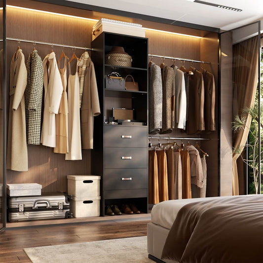 96 Inch Closet Organizer System with 3 Drawers & Hanging Rods, 5-8FT Adjustable