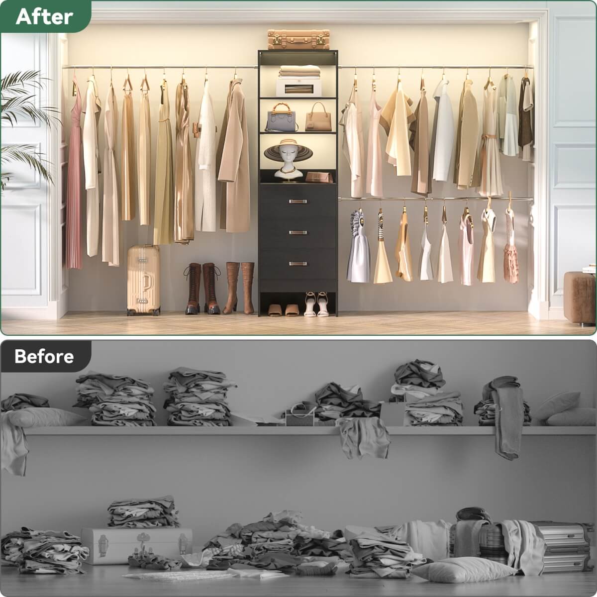 96 Inch Closet Organizer System with 3 Drawers & Hanging Rods, 5-8FT Adjustable