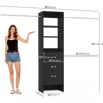 96 Inch Closet Organizer System with 3 Drawers & Hanging Rods, 5-8FT Adjustable