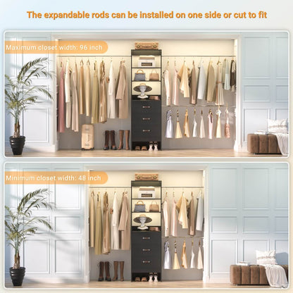 96 Inch Closet Organizer System with 3 Drawers & Hanging Rods, 5-8FT Adjustable