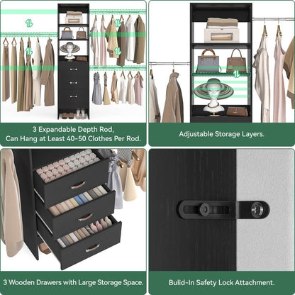 96 Inch Closet Organizer System with 3 Drawers & Hanging Rods, 5-8FT Adjustable