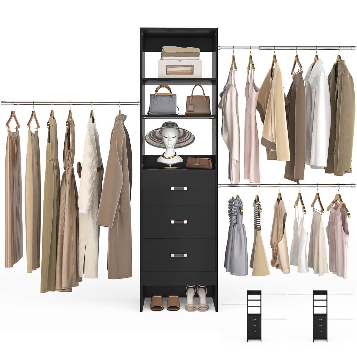 96 Inch Closet Organizer System with 3 Drawers & Hanging Rods, 5-8FT Adjustable