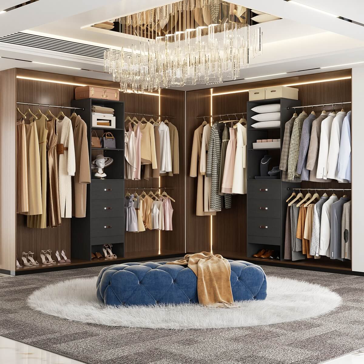 96 Inch Closet Organizer System with 3 Drawers & Hanging Rods, 5-8FT Adjustable