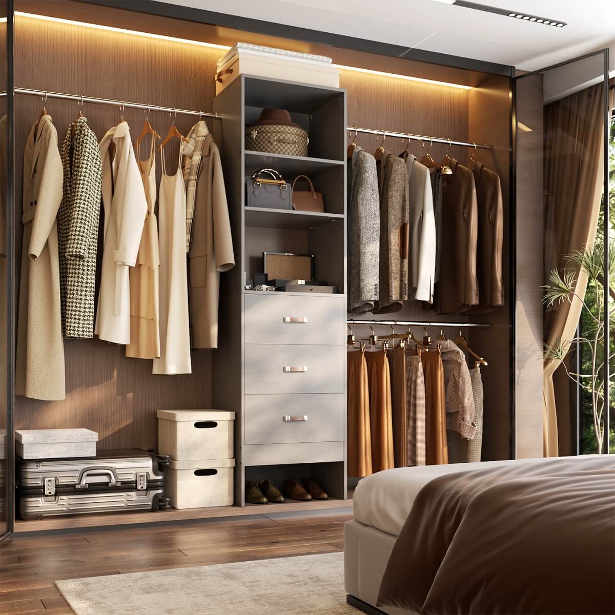 96 Inch Closet Organizer System with 3 Drawers & Hanging Rods, 5-8FT Adjustable