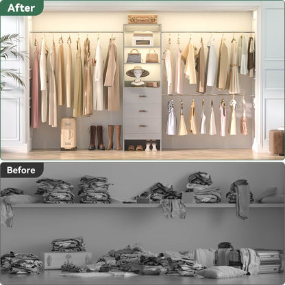 96 Inch Closet Organizer System with 3 Drawers & Hanging Rods, 5-8FT Adjustable
