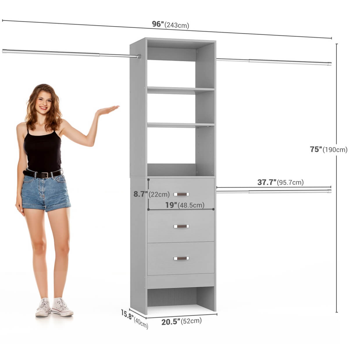96 Inch Closet Organizer System with 3 Drawers & Hanging Rods, 5-8FT Adjustable