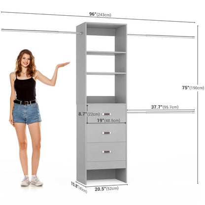 96 Inch Closet Organizer System with 3 Drawers & Hanging Rods, 5-8FT Adjustable