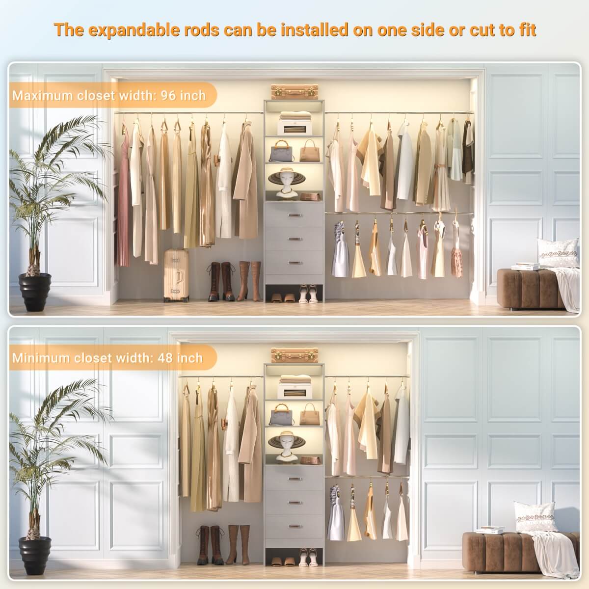96 Inch Closet Organizer System with 3 Drawers & Hanging Rods, 5-8FT Adjustable