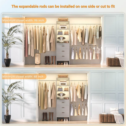 96 Inch Closet Organizer System with 3 Drawers & Hanging Rods, 5-8FT Adjustable