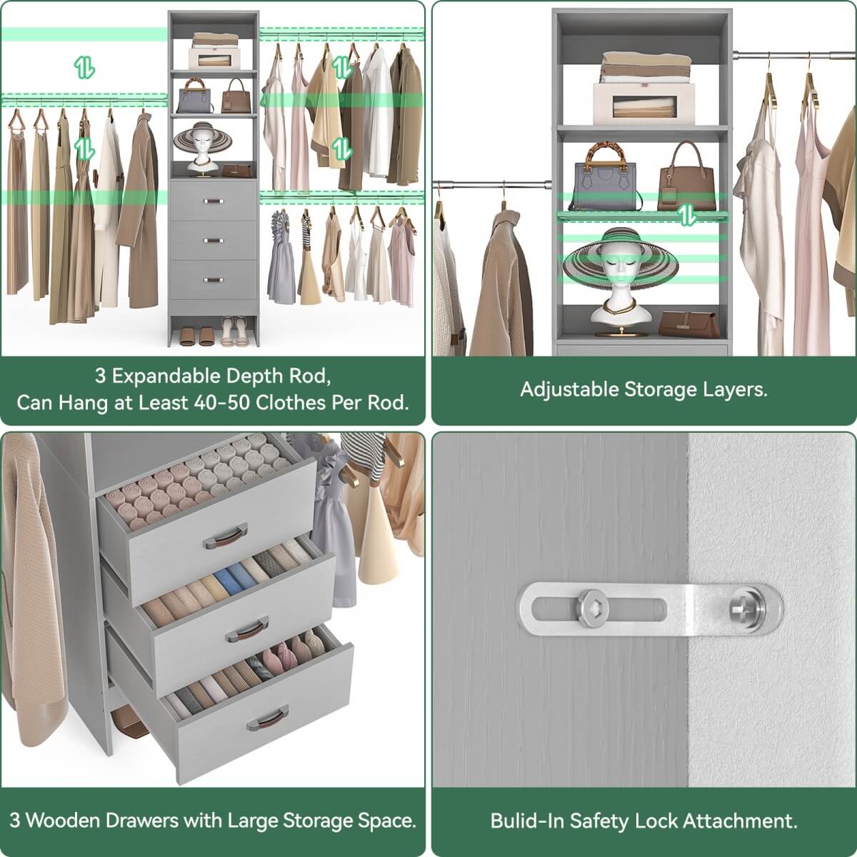 96 Inch Closet Organizer System with 3 Drawers & Hanging Rods, 5-8FT Adjustable