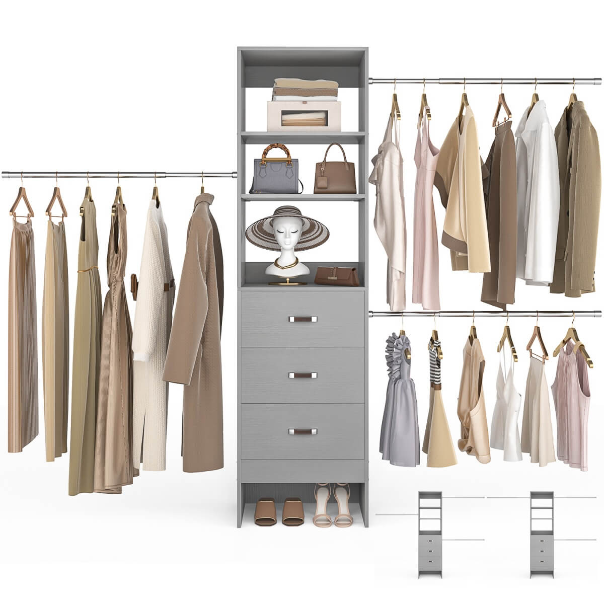96 Inch Closet Organizer System with 3 Drawers & Hanging Rods, 5-8FT Adjustable