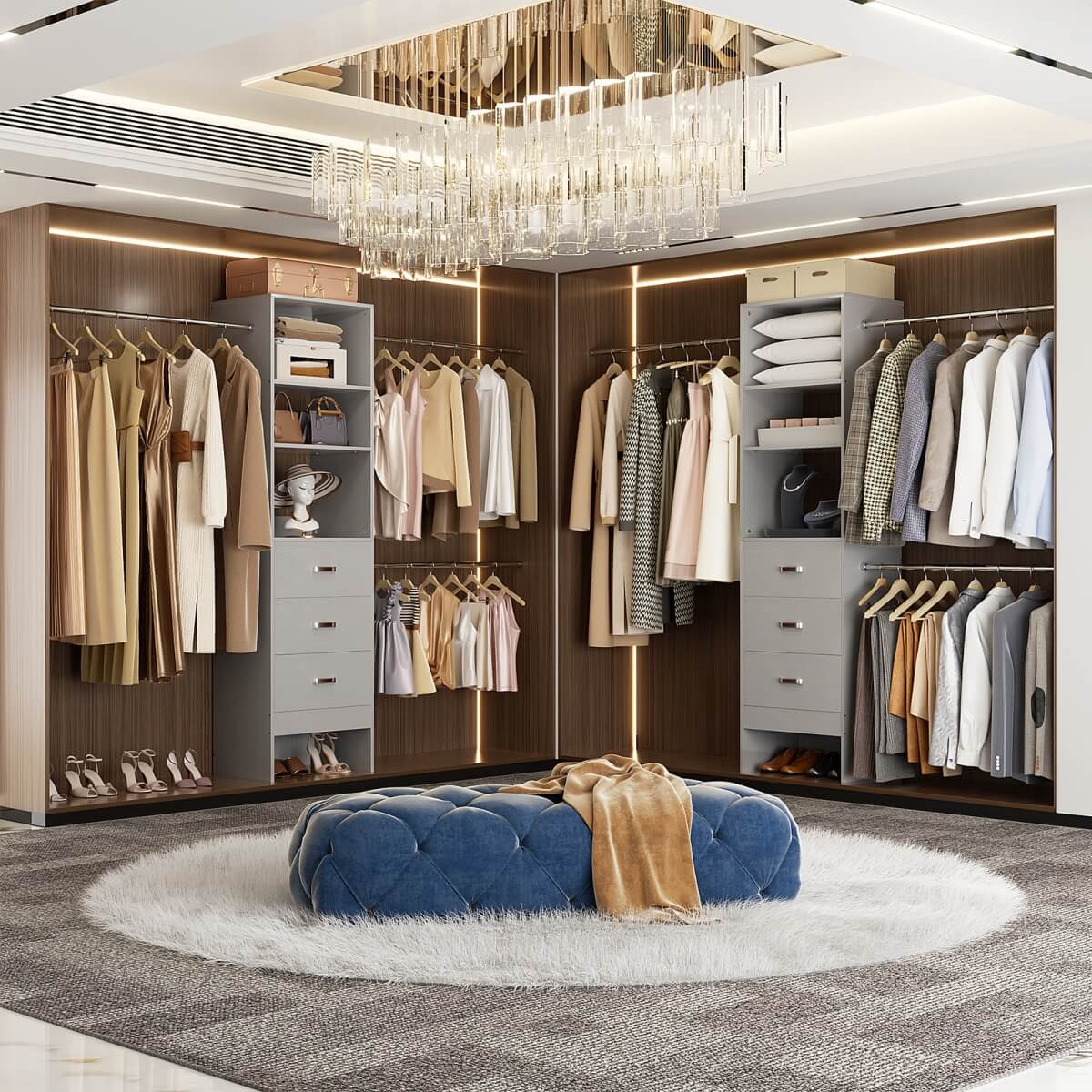 96 Inch Closet Organizer System with 3 Drawers & Hanging Rods, 5-8FT Adjustable