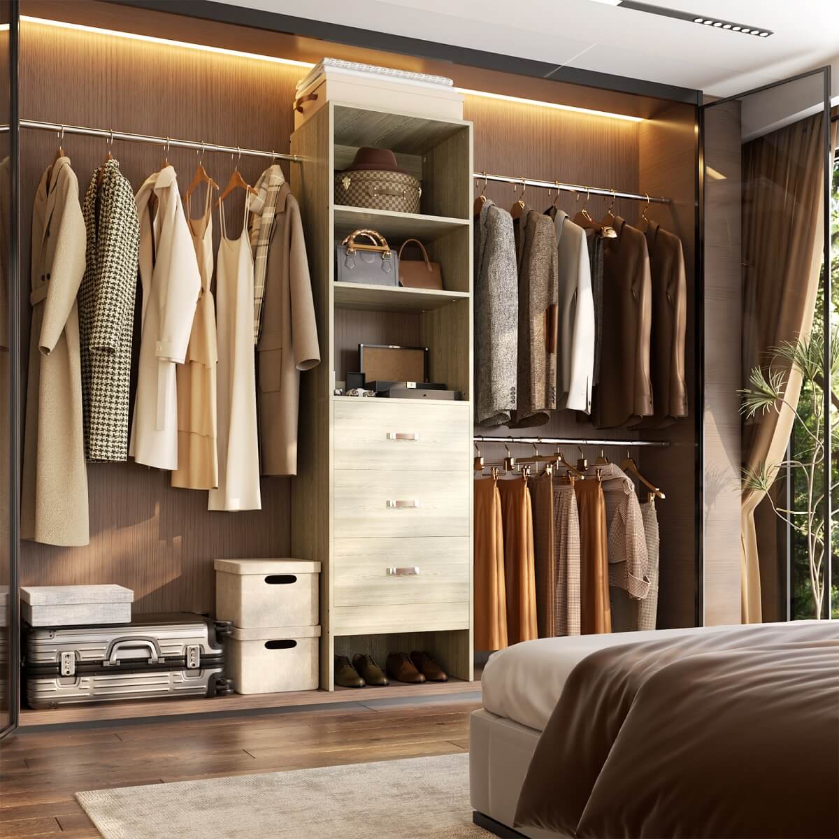 96 Inch Closet Organizer System with 3 Drawers & Hanging Rods, 5-8FT Adjustable
